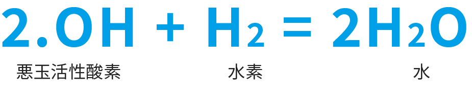 2.OH(悪玉活性酸素)+H2(水素)=2H2O(水)